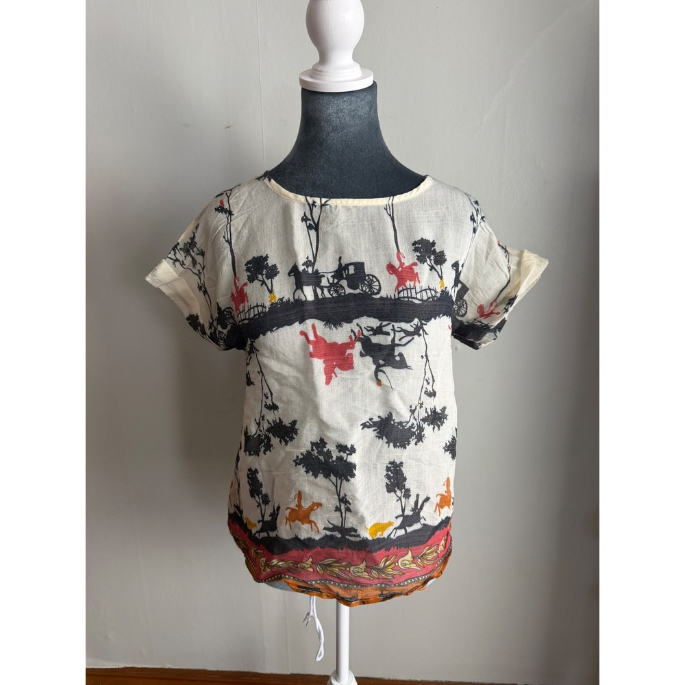 SM Wardrobe Womens Equestrian Print Blouse  Horse Carriage vintage coastal
Med